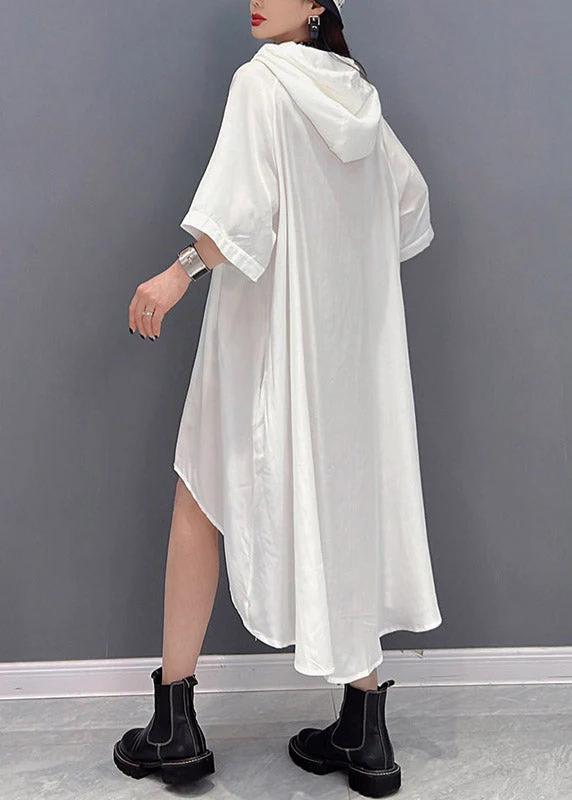 Natural White O-Neck Print Low High Design Chiffon Hooded Dress Three Quarter Sleeve - Image 5