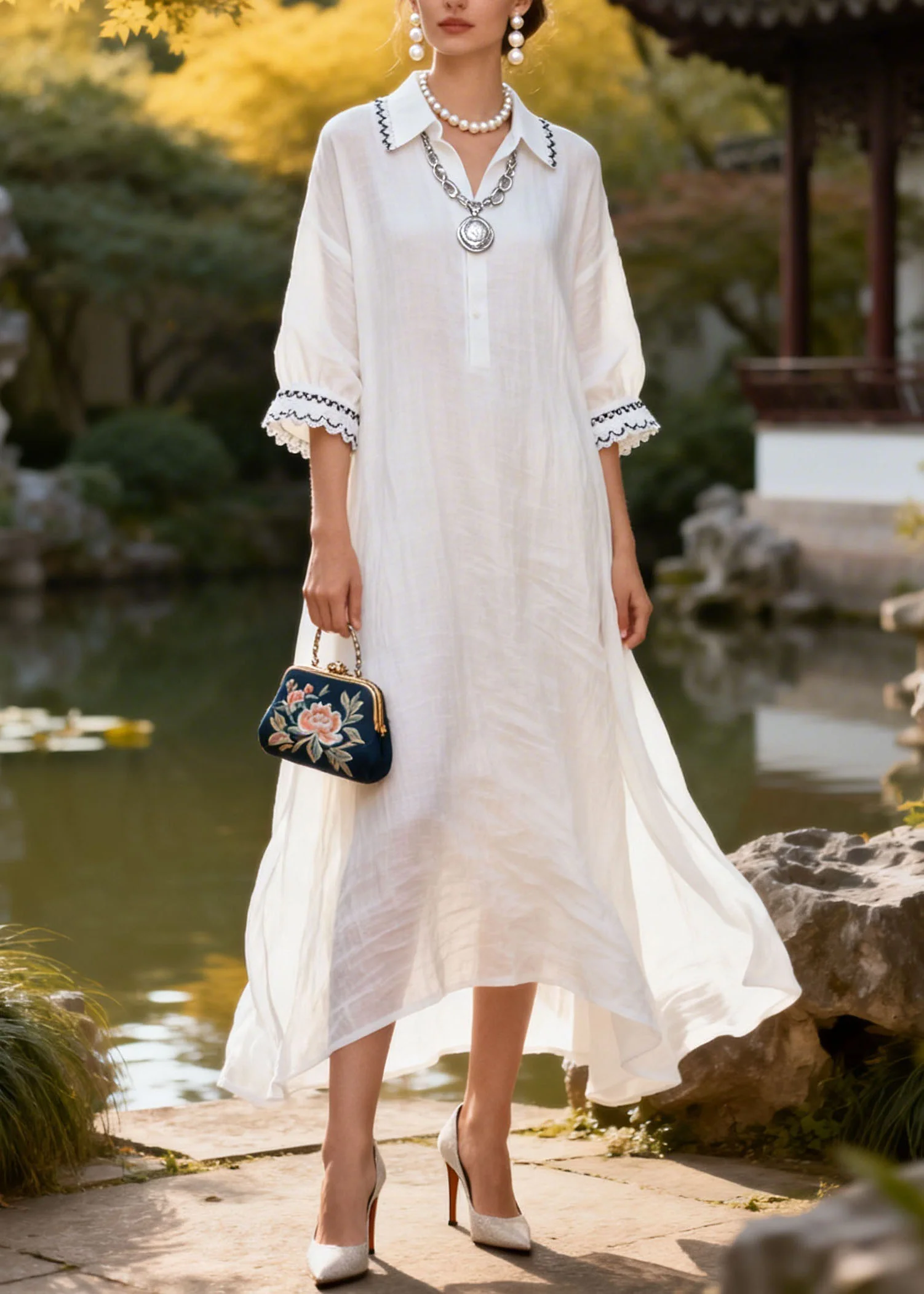 Natural White Peter Pan Collar Lace Patchwork Cotton Dress Summer - Image 3