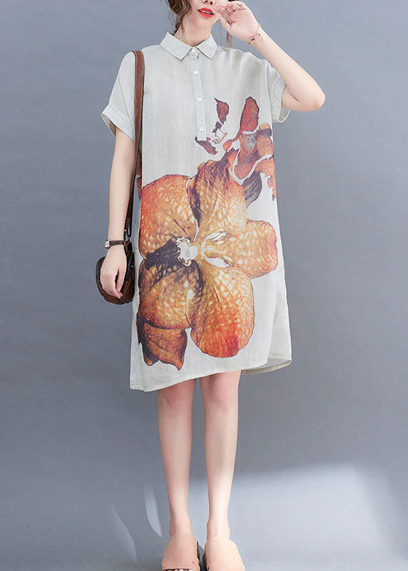 Natural White PeterPan Collar Button Print Summer Short Sleeve Dress - Image 2
