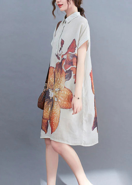 Natural White PeterPan Collar Button Print Summer Short Sleeve Dress - Image 3