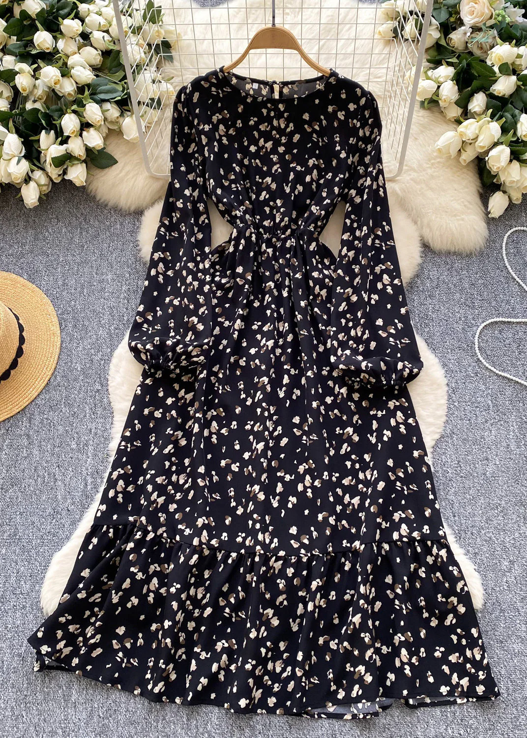 Natural White Print Chiffon Holiday Dress Lantern Sleeve - Image 2