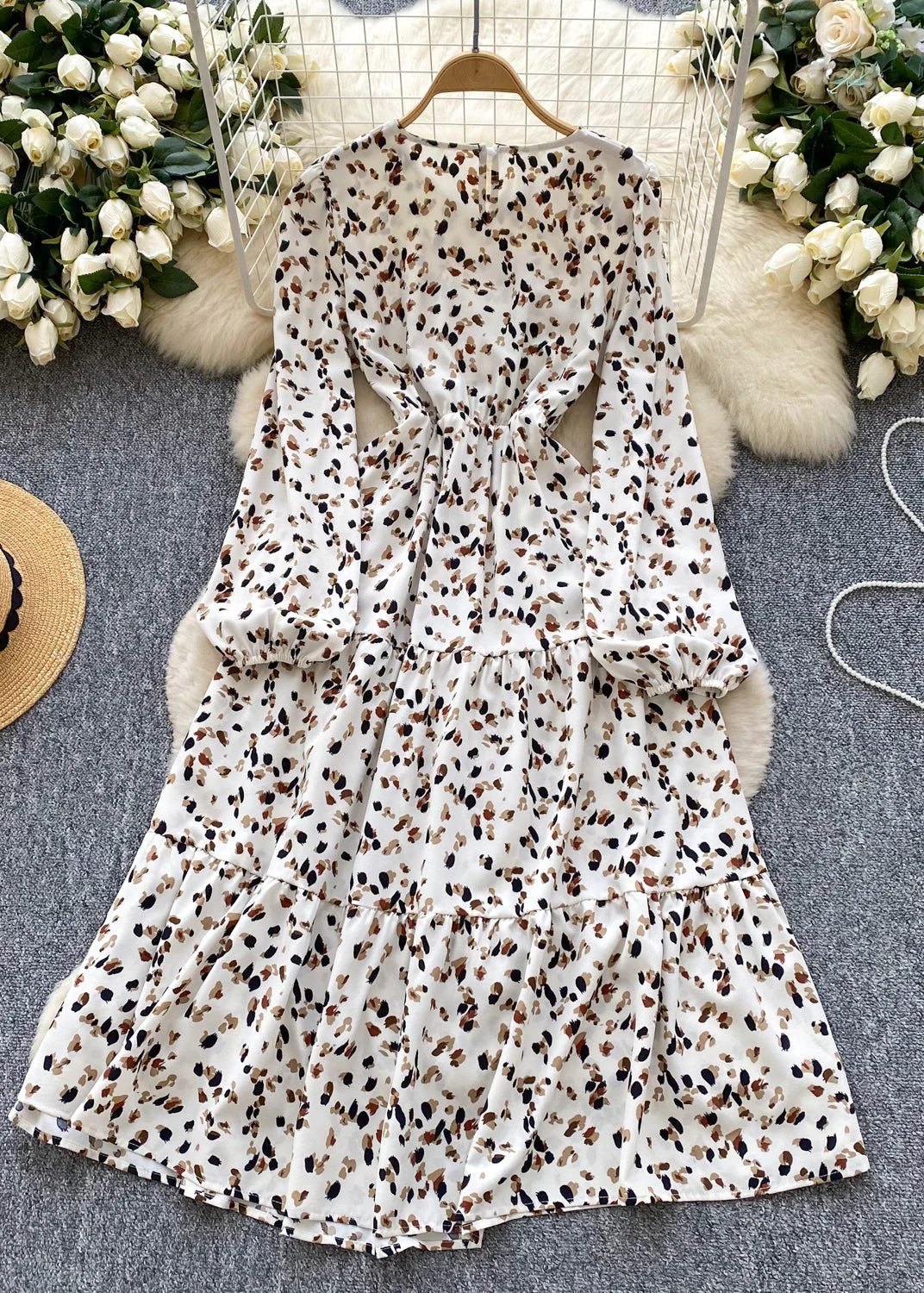 Natural White Print Chiffon Holiday Dress Lantern Sleeve - Image 3