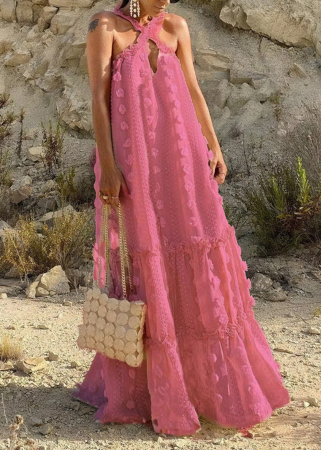 Natural White Ruffled Floral Patchwork Cotton Long Dresses Summer - Image 4
