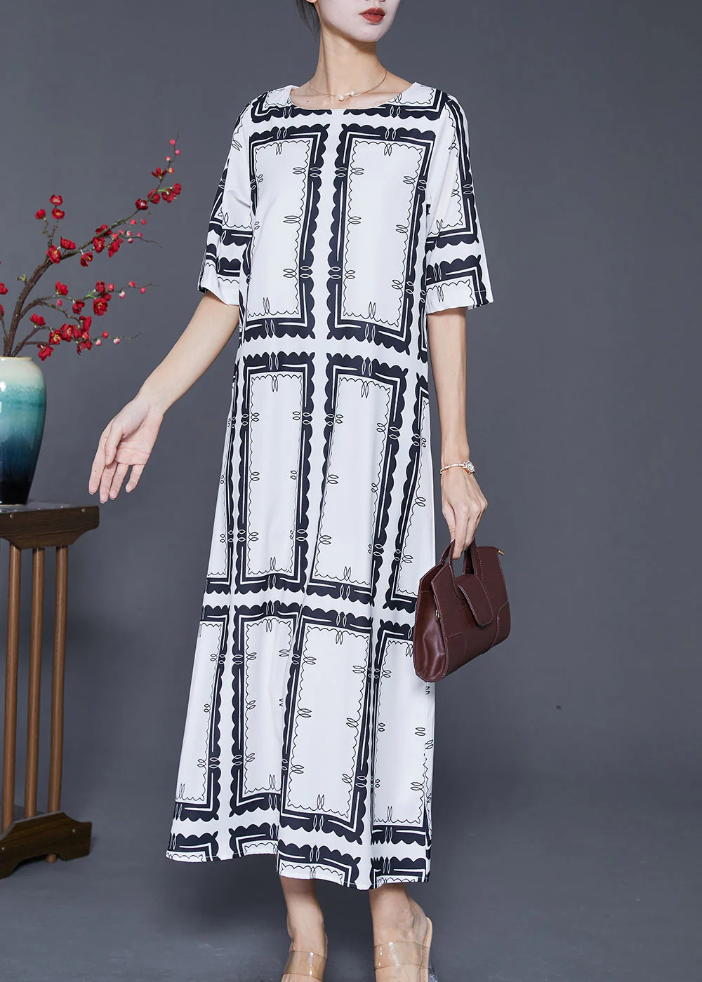 Natural White Square Collar Print Silk Maxi Dress Summer - Image 2