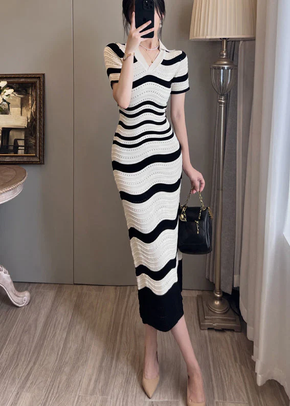 Natural White Striped Hollow Out Knit Ankle Dress Summer - Image 2