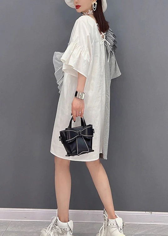 Natural White V Neck Chalaza Patchwork Tulle Mid Dresses Flare Sleeve - Image 4