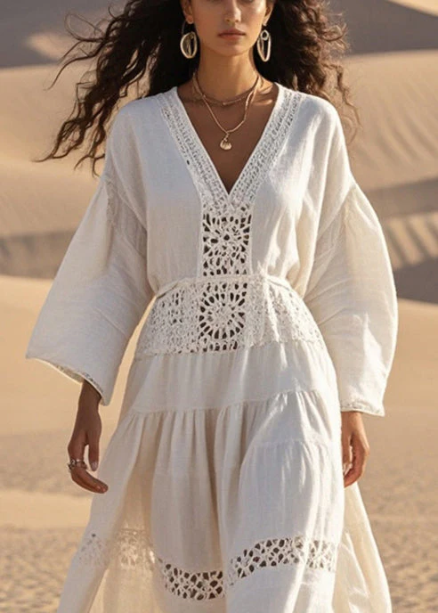 Natural White V Neck Hollow Out Cotton Maxi Dresses Spring - Image 2