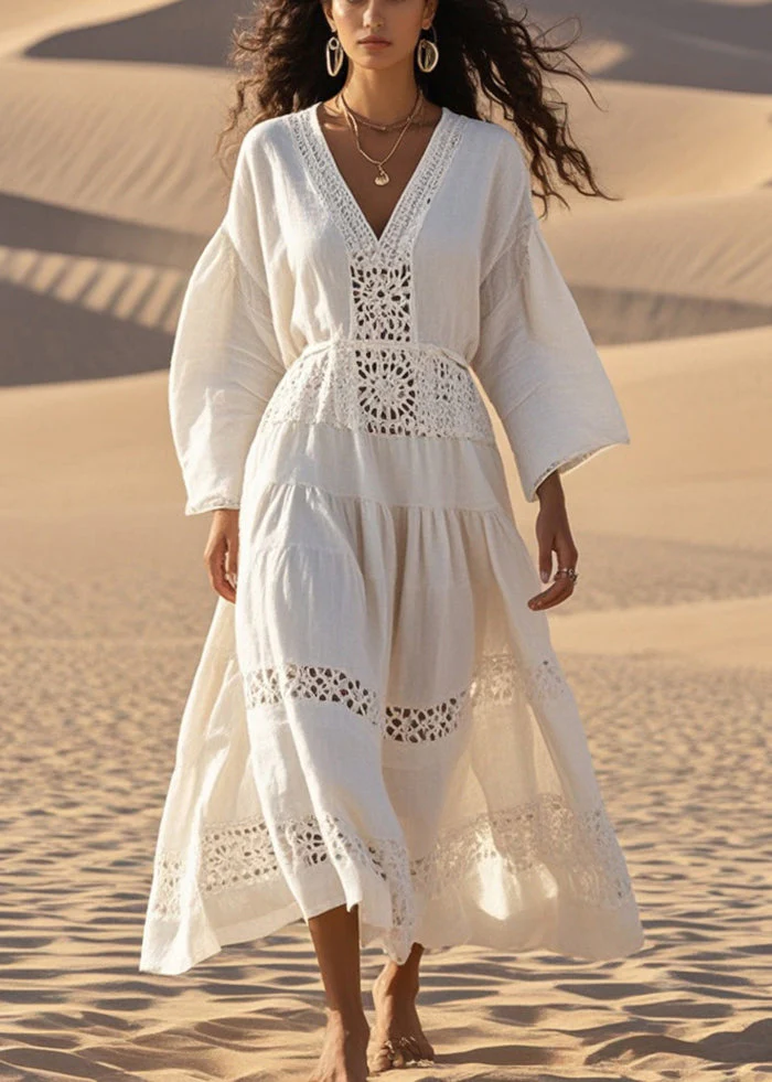 Natural White V Neck Hollow Out Cotton Maxi Dresses Spring - Image 3