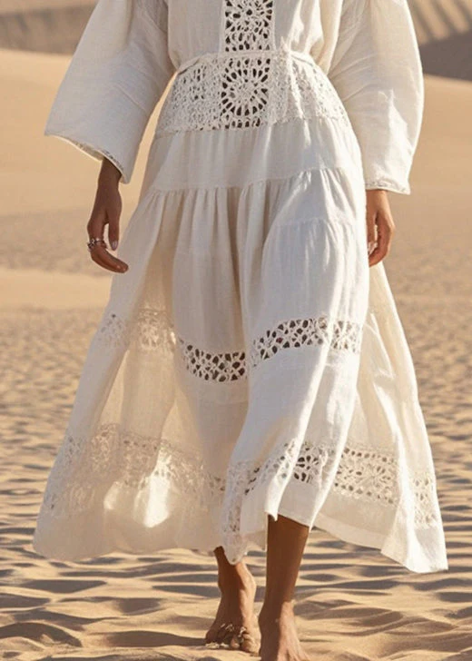 Natural White V Neck Hollow Out Cotton Maxi Dresses Spring - Image 4