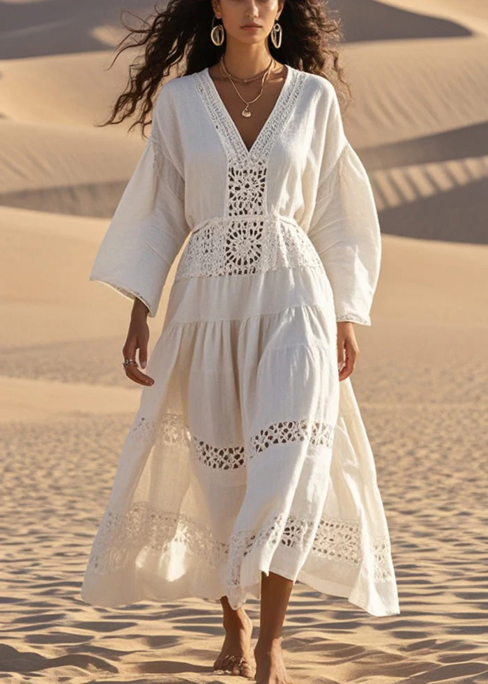 Natural White V Neck Hollow Out Cotton Maxi Dresses Spring - Image 5