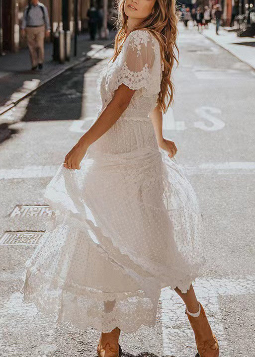 Natural White V Neck Jacquard Lace Robe Dresses Summer - Image 4
