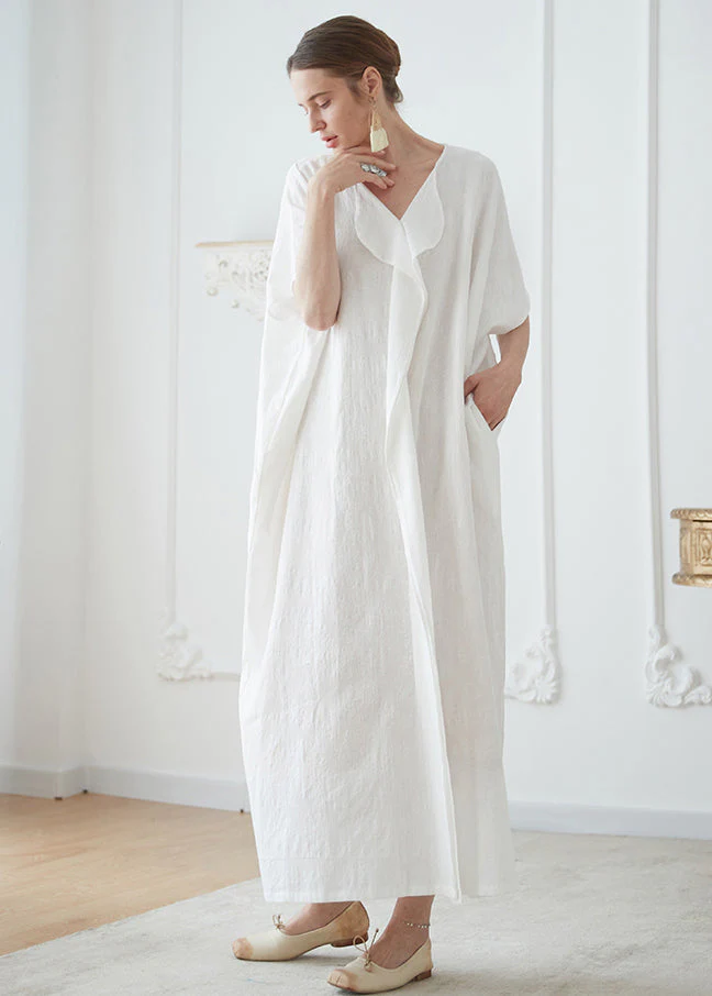 Natural White V Neck Jacquard Patchwork Cotton Robe Dresses Summer - Image 3