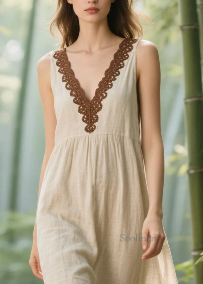Natural White V Neck Lace Patchwork Linen Straight Dress Sleeveless - Image 2
