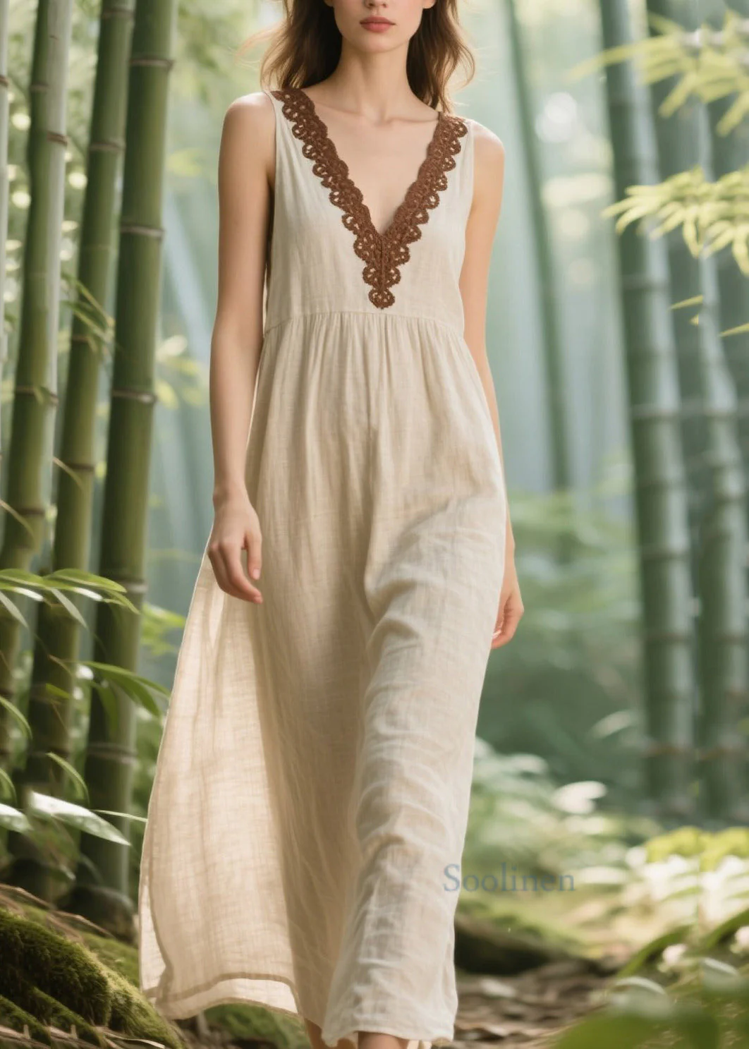 Natural White V Neck Lace Patchwork Linen Straight Dress Sleeveless - Image 3