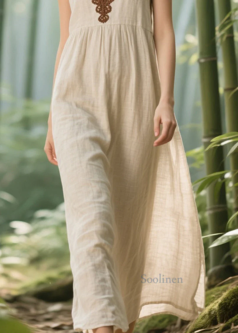 Natural White V Neck Lace Patchwork Linen Straight Dress Sleeveless - Image 4