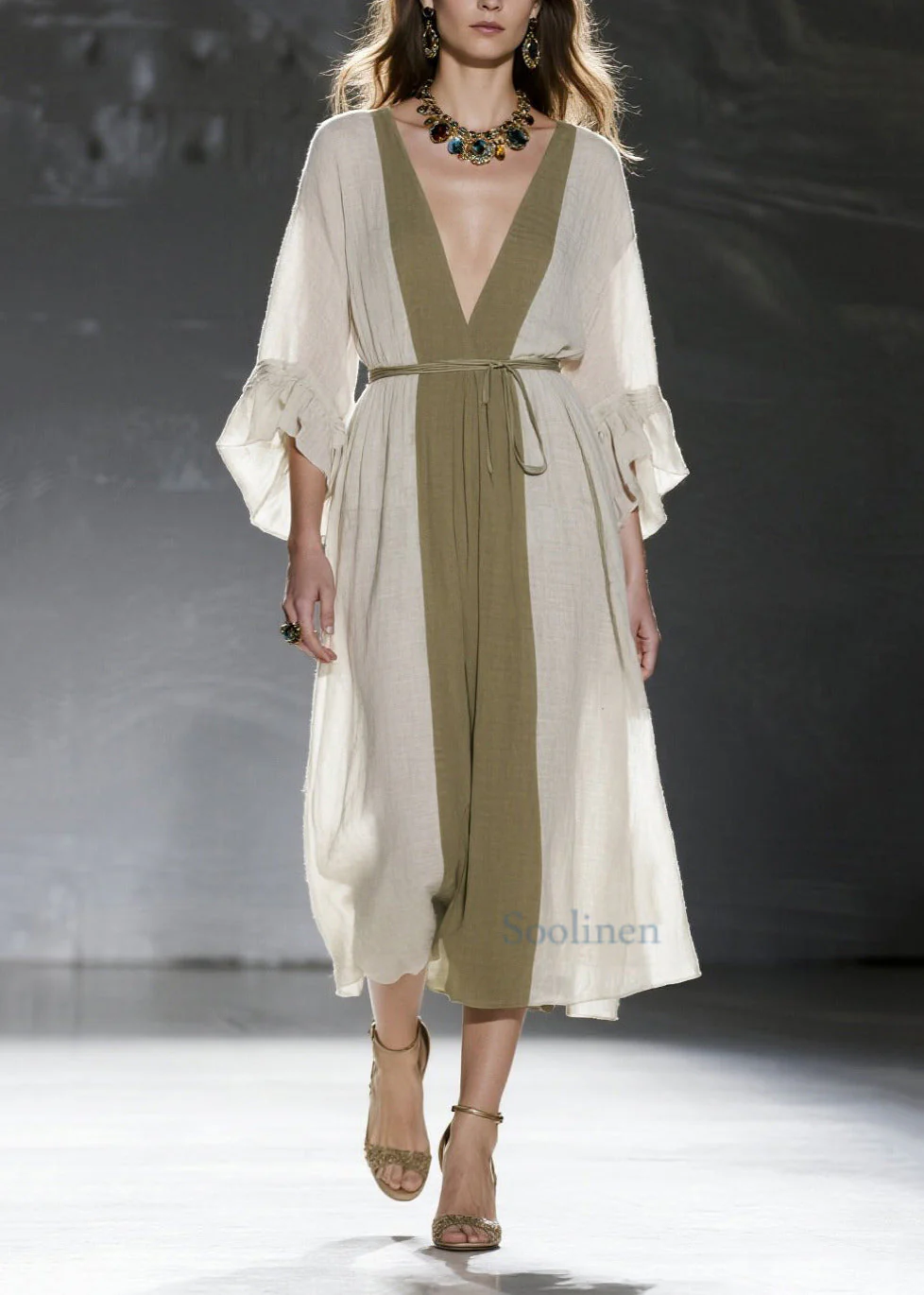 Natural White V Neck Patchwork Cotton Tunic Dresses Summer
