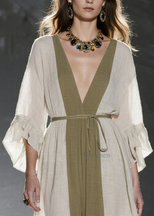 Natural White V Neck Patchwork Cotton Tunic Dresses Summer - Image 2