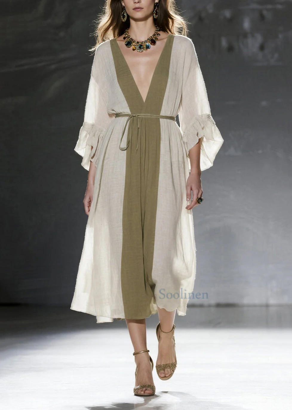 Natural White V Neck Patchwork Cotton Tunic Dresses Summer - Image 3