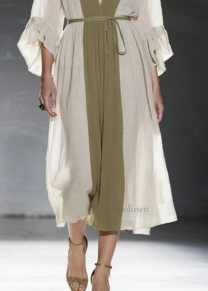 Natural White V Neck Patchwork Cotton Tunic Dresses Summer - Image 4