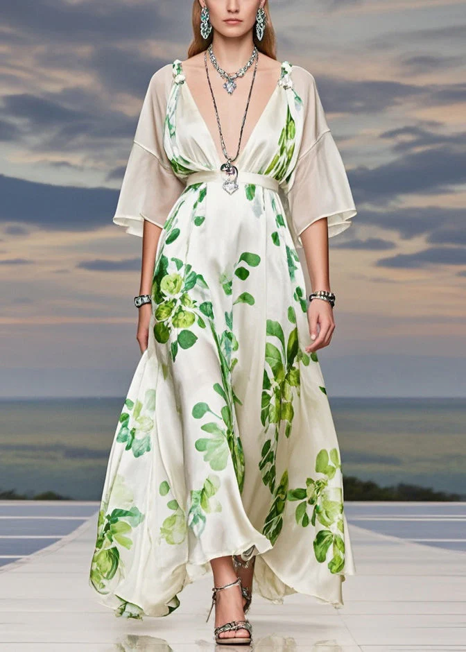 Natural White V Neck Print Silk Ankle Dress Summer - Image 3