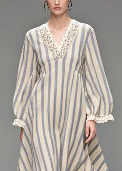 Natural White V Neck Striped Exra Large Hem Silk Velvet Holiday Dress Spring - Image 2