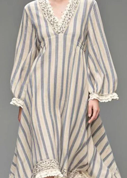 Natural White V Neck Striped Exra Large Hem Silk Velvet Holiday Dress Spring - Image 3