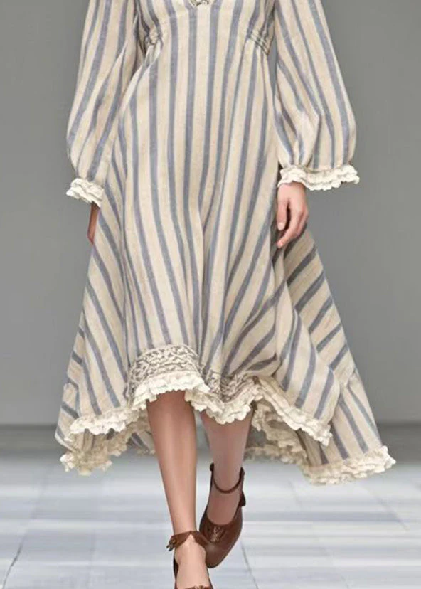 Natural White V Neck Striped Exra Large Hem Silk Velvet Holiday Dress Spring - Image 4