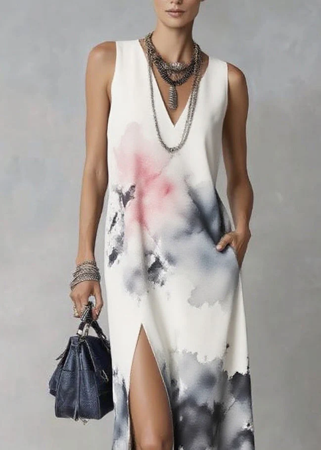 Natural White V Neck Tie Dye Maxi Dress Summer - Image 2