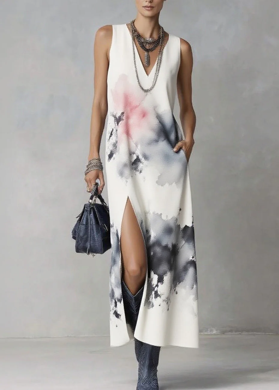 Natural White V Neck Tie Dye Maxi Dress Summer - Image 3