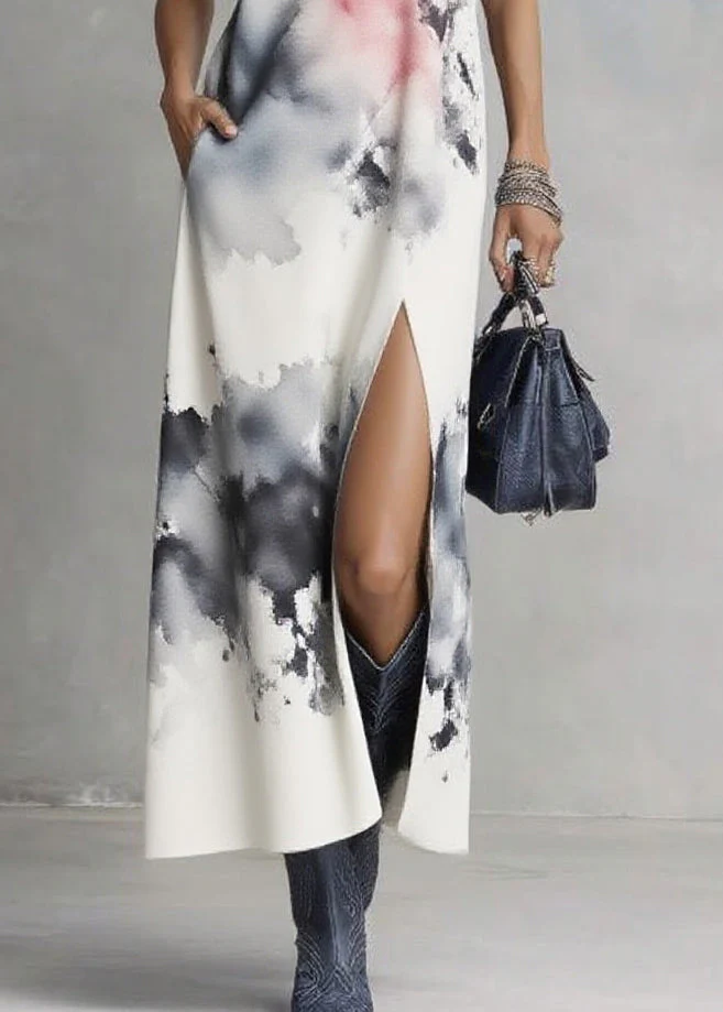 Natural White V Neck Tie Dye Maxi Dress Summer - Image 4