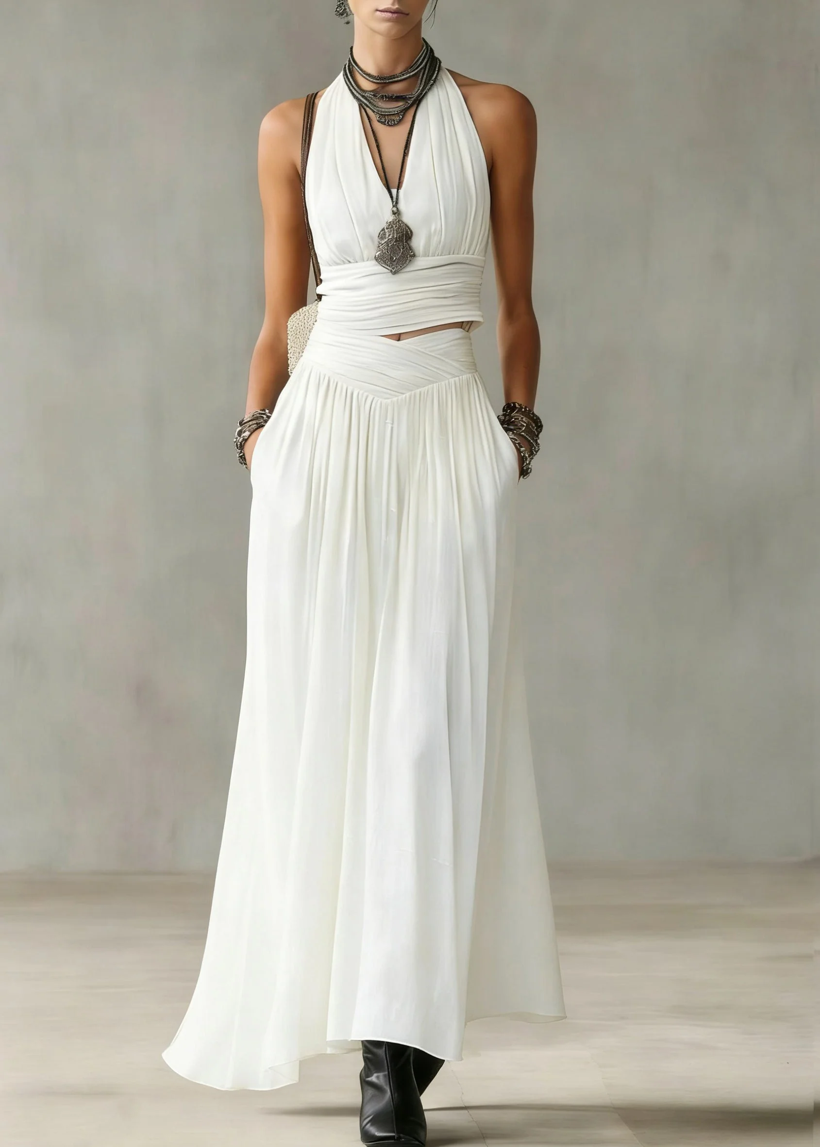 Natural White V Neck Wrinkled Top And Maxi Skirts Two Pieces Set Summer - Image 3