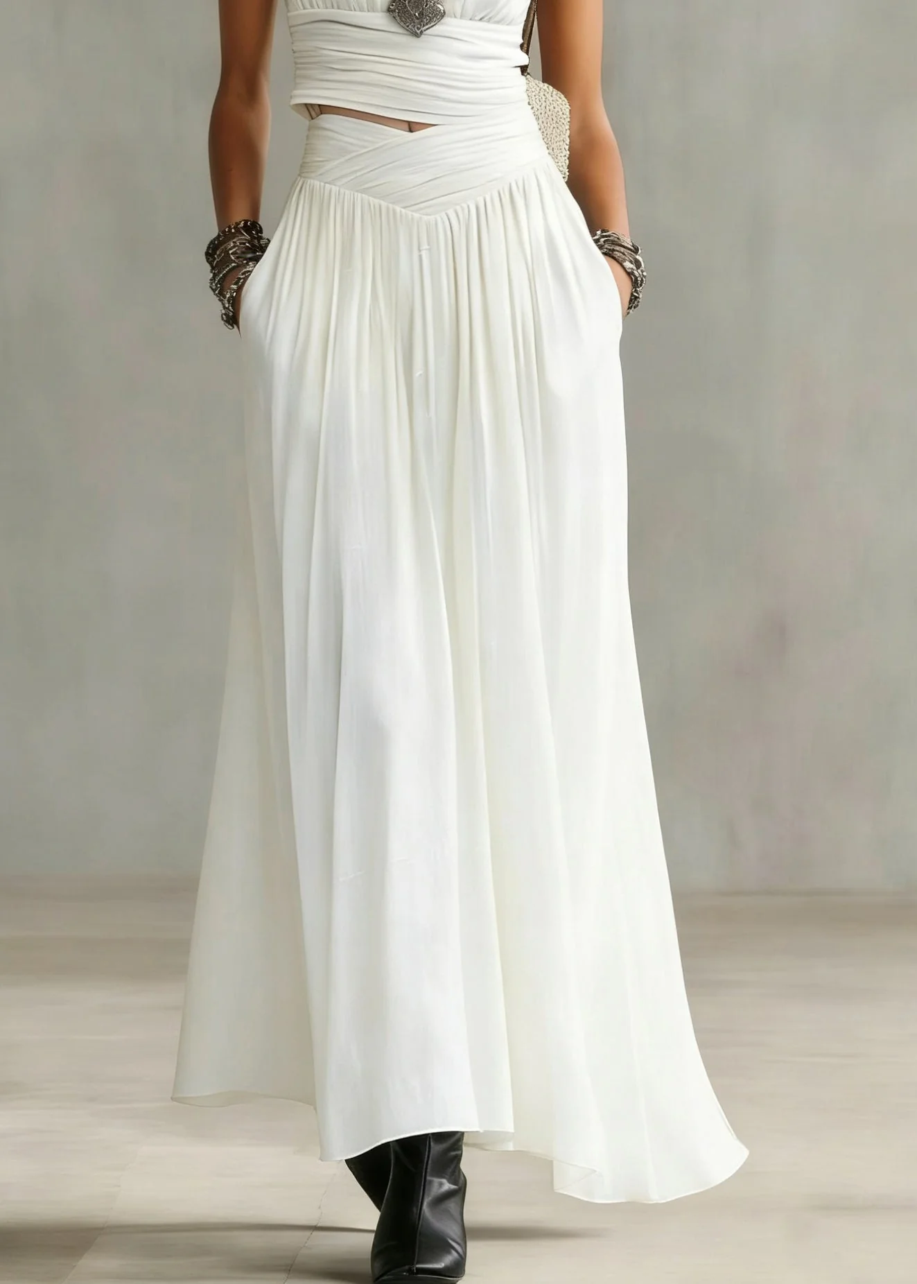 Natural White V Neck Wrinkled Top And Maxi Skirts Two Pieces Set Summer - Image 4
