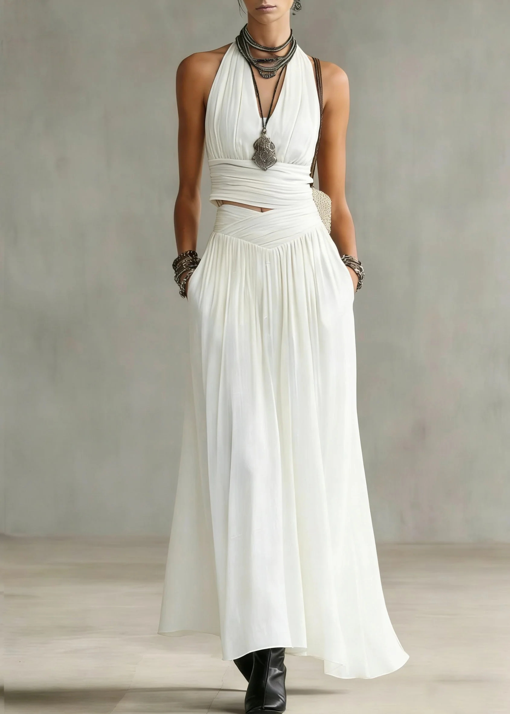 Natural White V Neck Wrinkled Top And Maxi Skirts Two Pieces Set Summer - Image 5