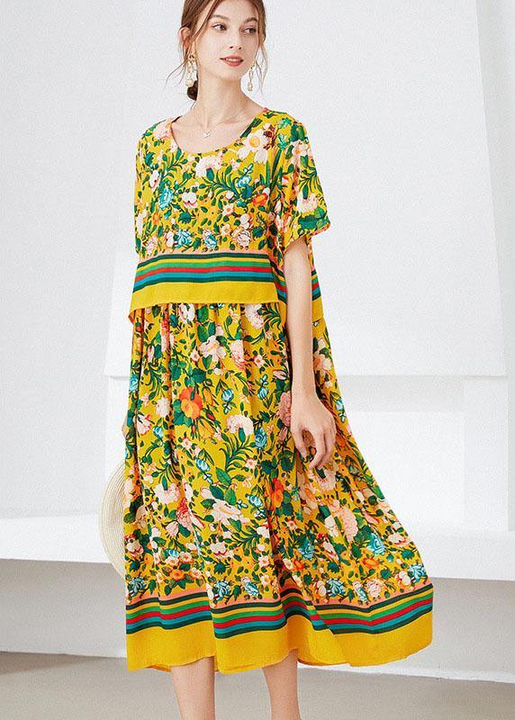 Natural Yellow Loose O-Neck Print Summer Robe Dresses Half Sleeve - Image 2