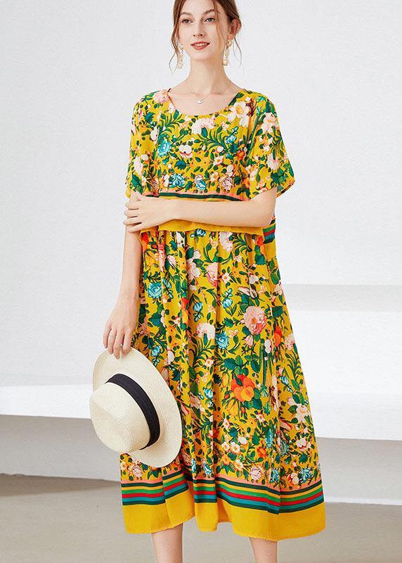 Natural Yellow Loose O-Neck Print Summer Robe Dresses Half Sleeve - Image 3