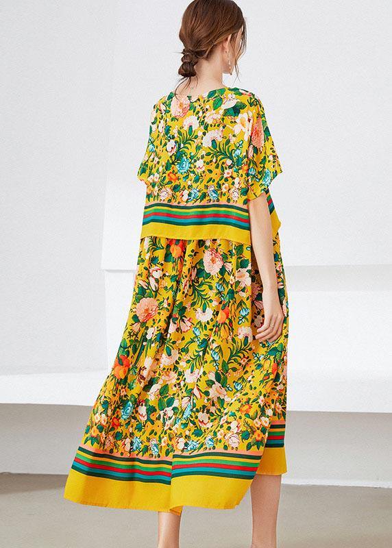 Natural Yellow Loose O-Neck Print Summer Robe Dresses Half Sleeve - Image 4