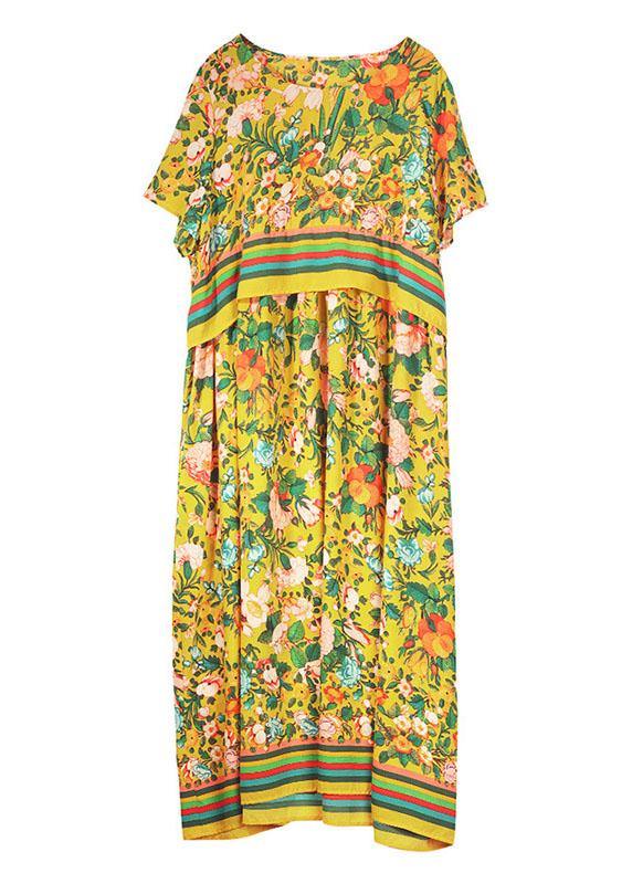 Natural Yellow Loose O-Neck Print Summer Robe Dresses Half Sleeve - Image 5