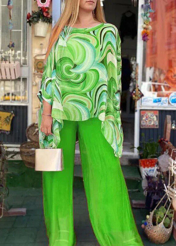 Natural Yellow O-Neck Asymmetrical Print Top And Wide Leg Pants Two Pieces Set Fall - Image 3