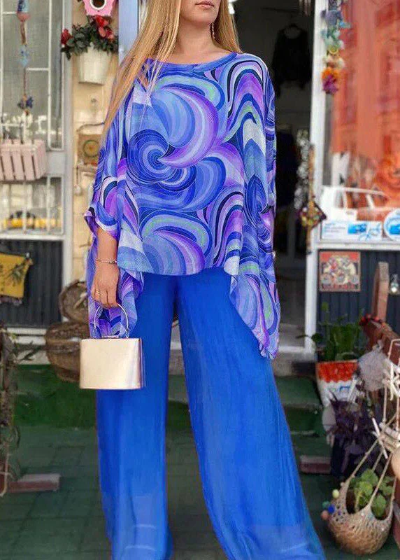 Natural Yellow O-Neck Asymmetrical Print Top And Wide Leg Pants Two Pieces Set Fall - Image 4