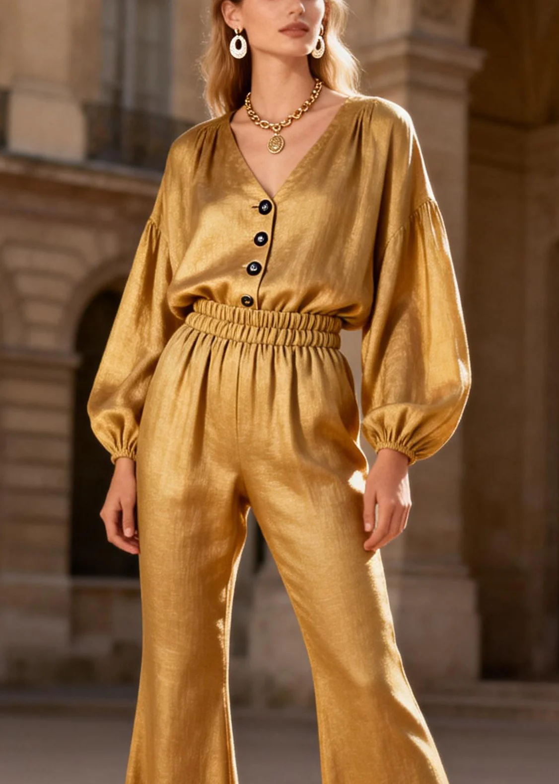 Natural Yellow Patchwork Button Shirts And Flared Trousers Two Pieces Set Lantern Sleeve - Image 2