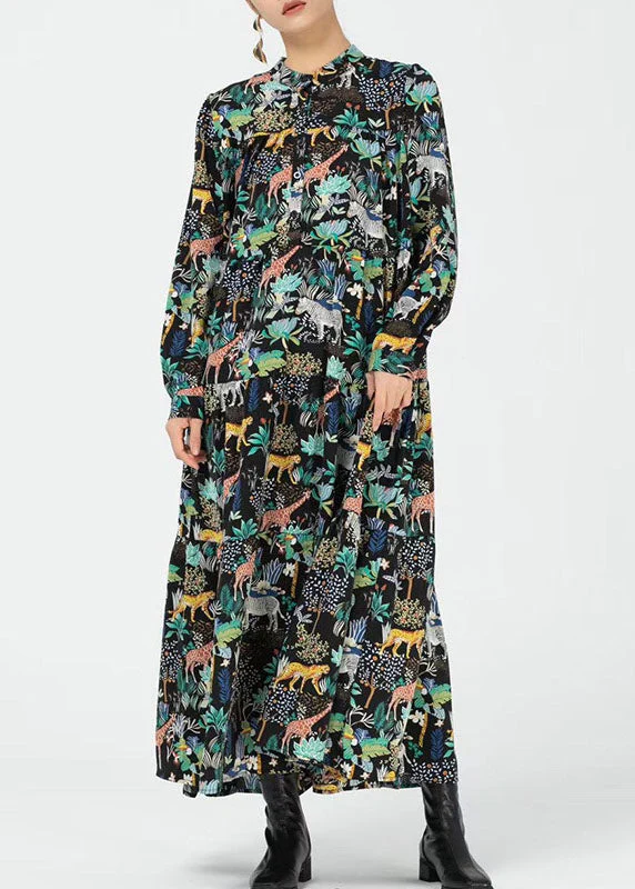 Natural Yellow Stand Collar Print Ankle Dress Spring - Image 2