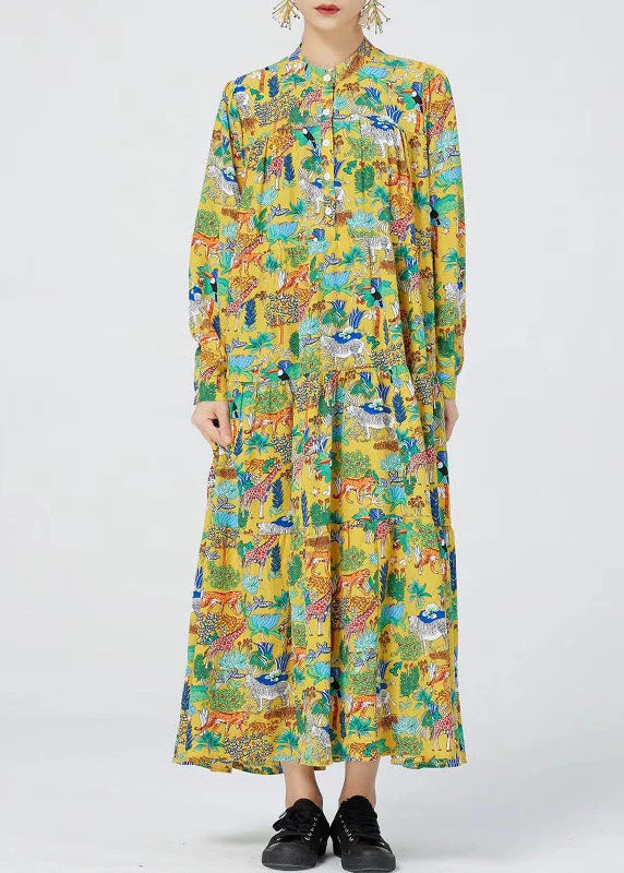 Natural Yellow Stand Collar Print Ankle Dress Spring - Image 3