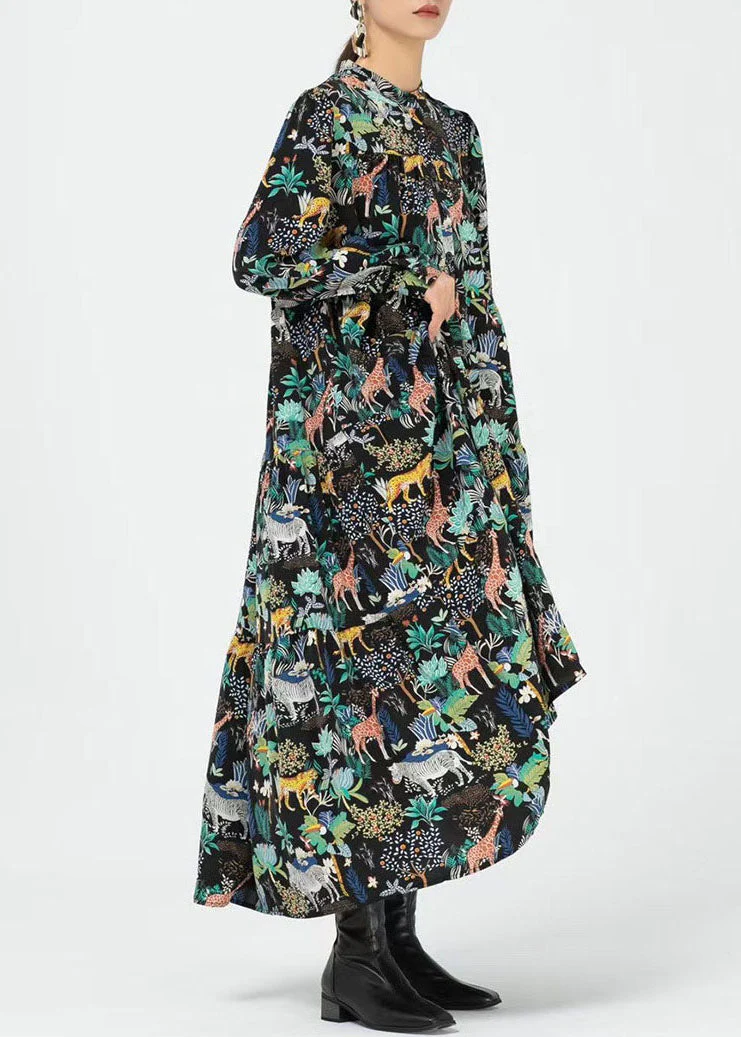 Natural Yellow Stand Collar Print Ankle Dress Spring - Image 4
