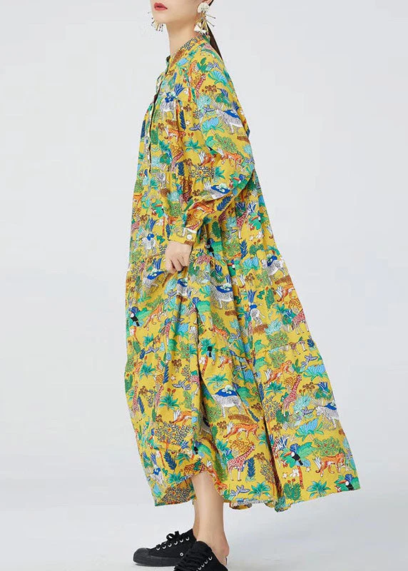Natural Yellow Stand Collar Print Ankle Dress Spring - Image 5