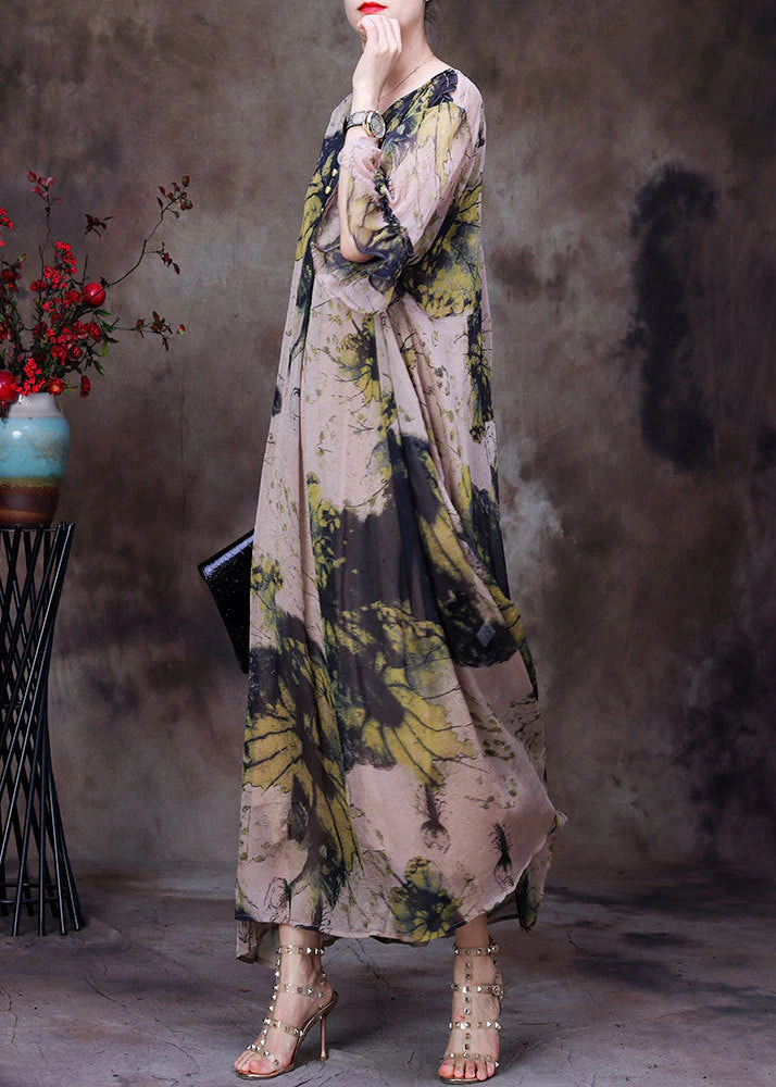 Natural Yellow V Neck Print Chiffon Long Dress And Cotton Spaghetti Strap Dress Women Sets 2 Pieces Half Sleeve - Image 3