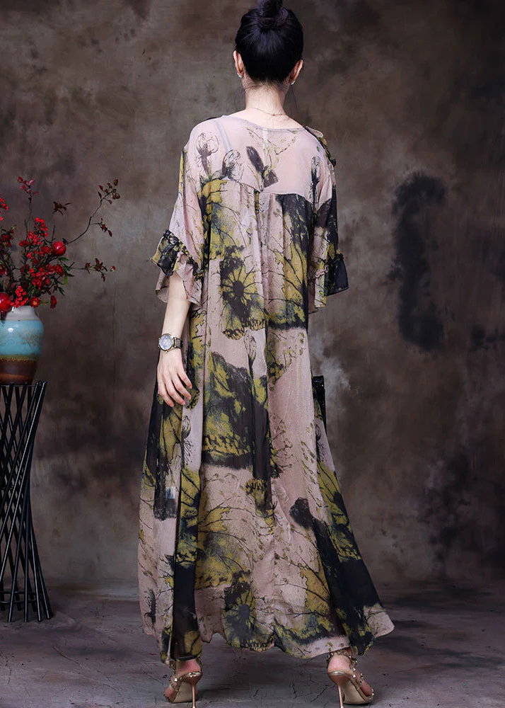 Natural Yellow V Neck Print Chiffon Long Dress And Cotton Spaghetti Strap Dress Women Sets 2 Pieces Half Sleeve - Image 4