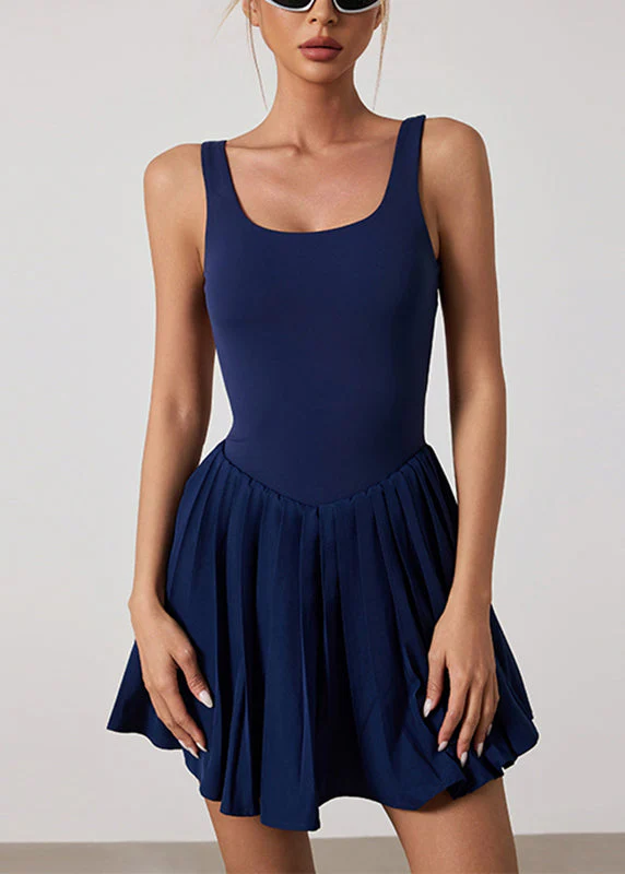 Navy Backless Solid Yoga Tennis Pleated Dress - Image 2