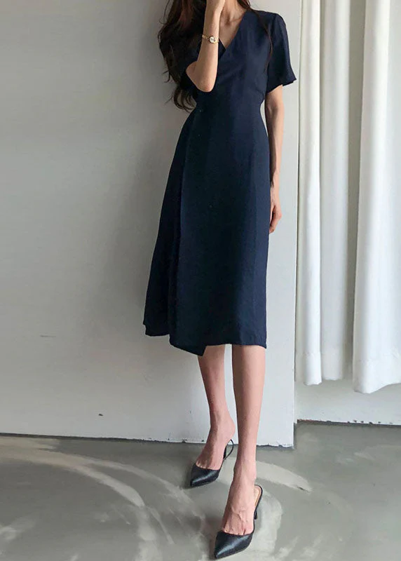 Navy Button Cotton Holiday slim fit Dress Short Sleeve - Image 2