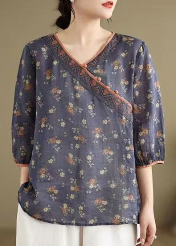 Navy Embroidered Patchwork T Shirt Short Sleeve - Image 3