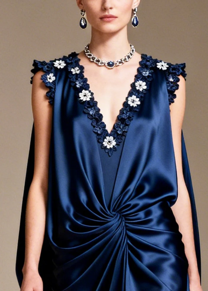 Navy Floral Silk Long Dress Asymmetrical Design Sleeveless - Image 2
